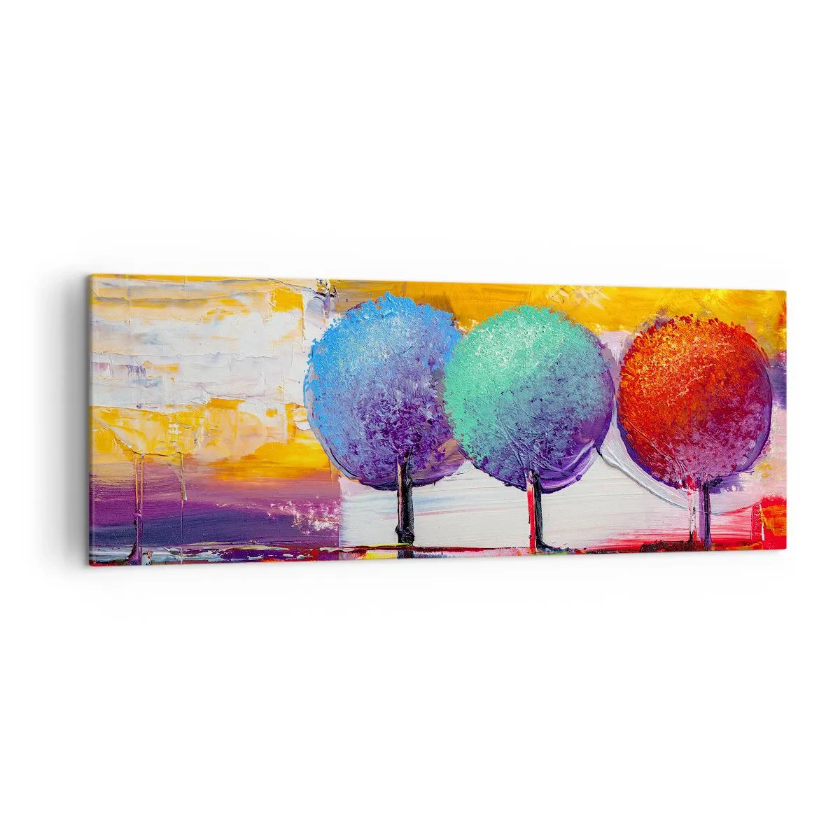 Impression sur toile - Image sur toile - Trois arbres colorés sur un fond abstrait - 140x50cm - Art jusqu'à trois - Décoration murale moderne pour le salon et la chambre ARTTOR