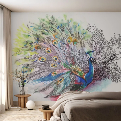 Papier peint sur mesure Autocollant Deluxe - Avec fierté contre la grisaille - Oiseau, Paon, Plumes