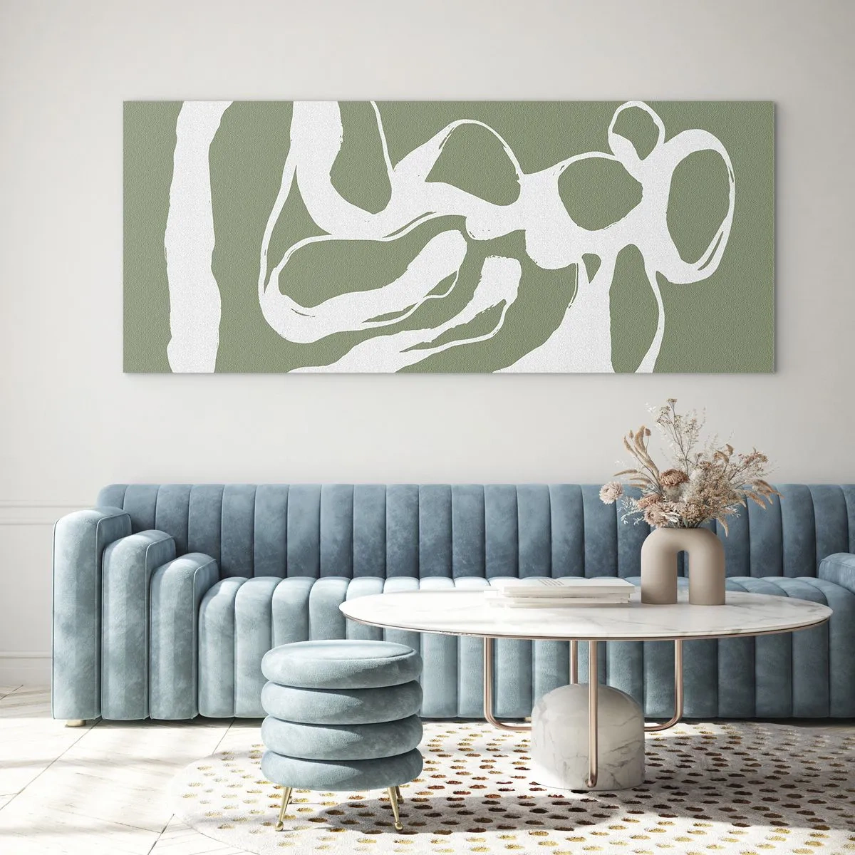 Impression sur verre - Image sur verre - Formes organiques en blanc sur fond vert - 160x50cm - L'appel de l'espace - Décoration murale moderne pour le salon et la chambre ARTTOR