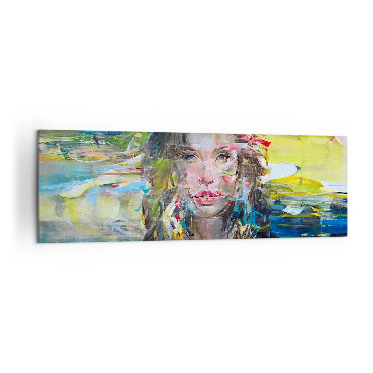 Impression sur toile - Image sur toile - Portrait abstrait d'une femme aux couleurs intenses - 160x50cm - Derrière l'air, un rideau - Décoration murale moderne pour le salon et la chambre ARTTOR