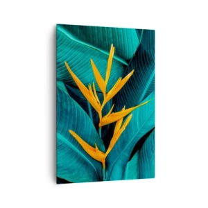 Impression sur toile - Image sur toile - Une fleur exotique sur fond de feuilles de bananier aux tons turquoise. - 70x100cm - Fleur d'Eden - Décoration murale moderne pour le salon et la chambre ARTTOR