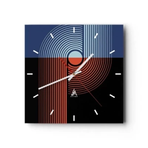 Horloge murale - Pendule murale - Abstraction géométrique avec des lignes bleu marine et orange. - 30x30cm - Dans une étreinte géométrique - Décoration murale moderne pour le salon et la chambre ARTTOR