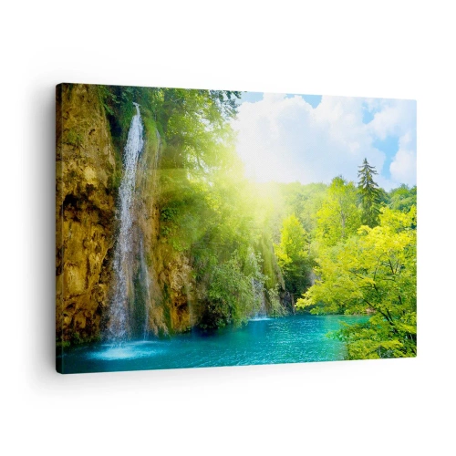 Impression sur toile - Image sur toile - Une cascade se jetant dans un lac turquoise entouré de verdure - 70x50cm - Ce doit être le paradis ici - Décoration murale moderne pour le salon et la chambre ARTTOR