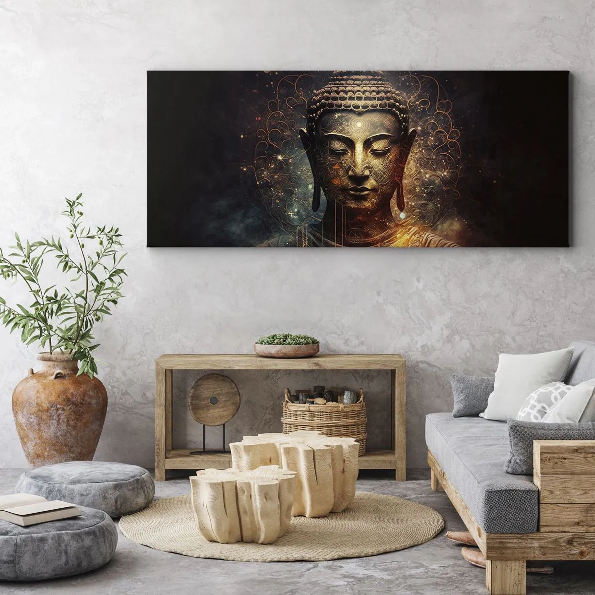 Impression sur toile - Image sur toile - Bouddha doré sur fond sombre avec ornements - 160x50cm - Équilibre spirituel - Décoration murale moderne pour le salon et la chambre ARTTOR