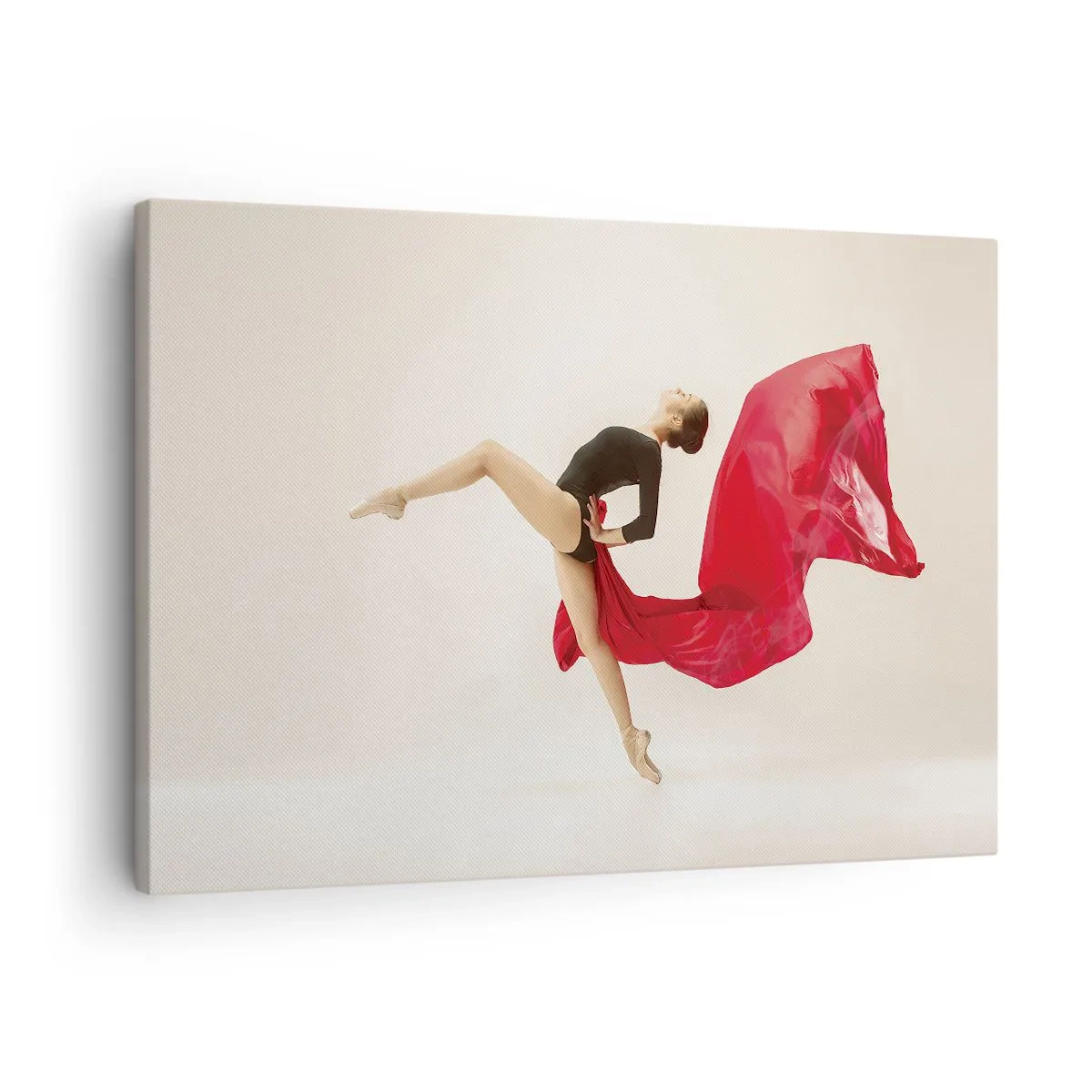 Impression sur toile - Image sur toile - Une danseuse dynamique en tenue noire et tissu rouge en mouvement. - 70x50cm - Rouge et noir - Décoration murale moderne pour le salon et la chambre ARTTOR