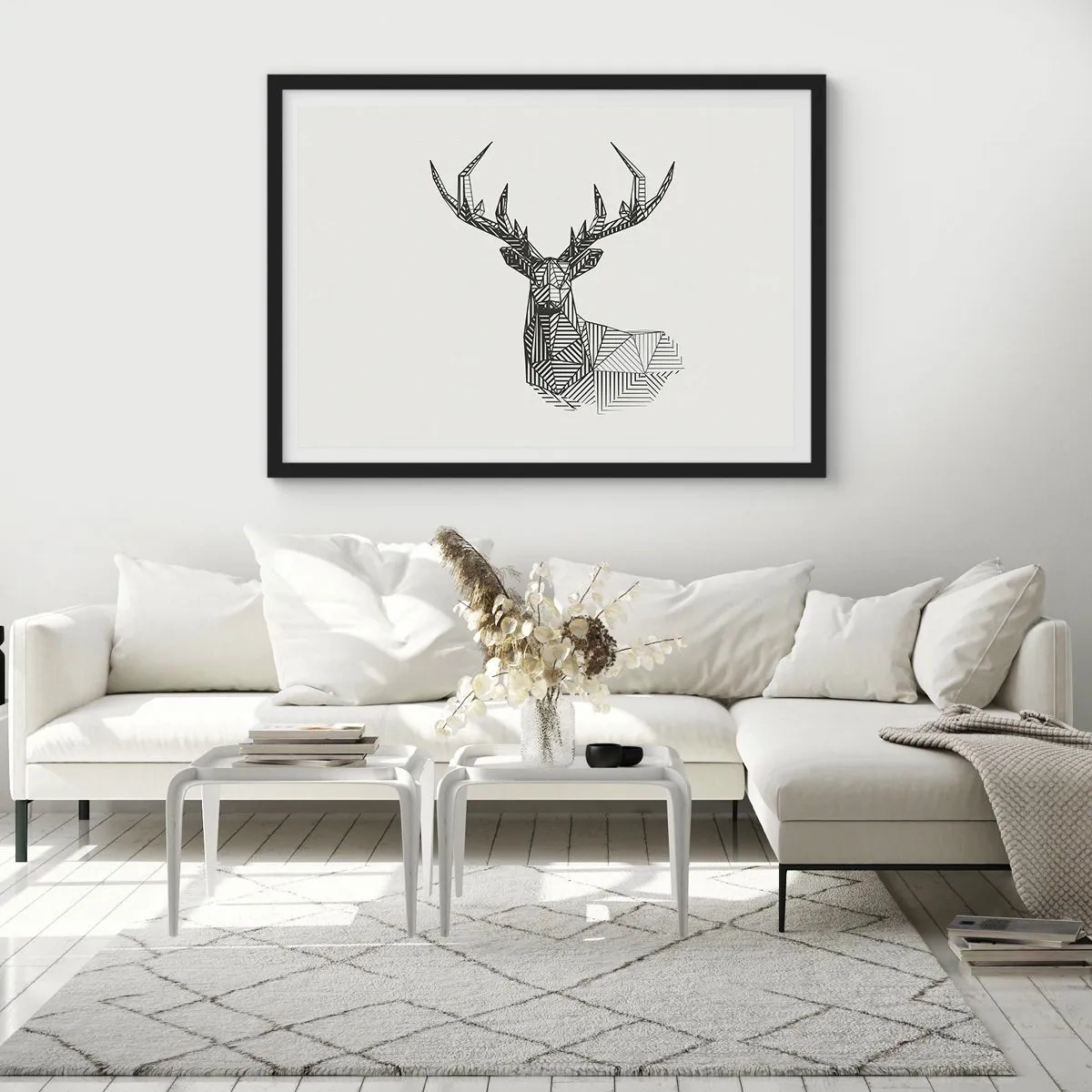 Affiche dans un cadre noir - Poster - Image géométrique d'un cerf dans un style minimaliste en noir et blanc - 70x50cm - Cerf dans un style cubique - Décoration murale moderne pour le salon et la chambre ARTTOR