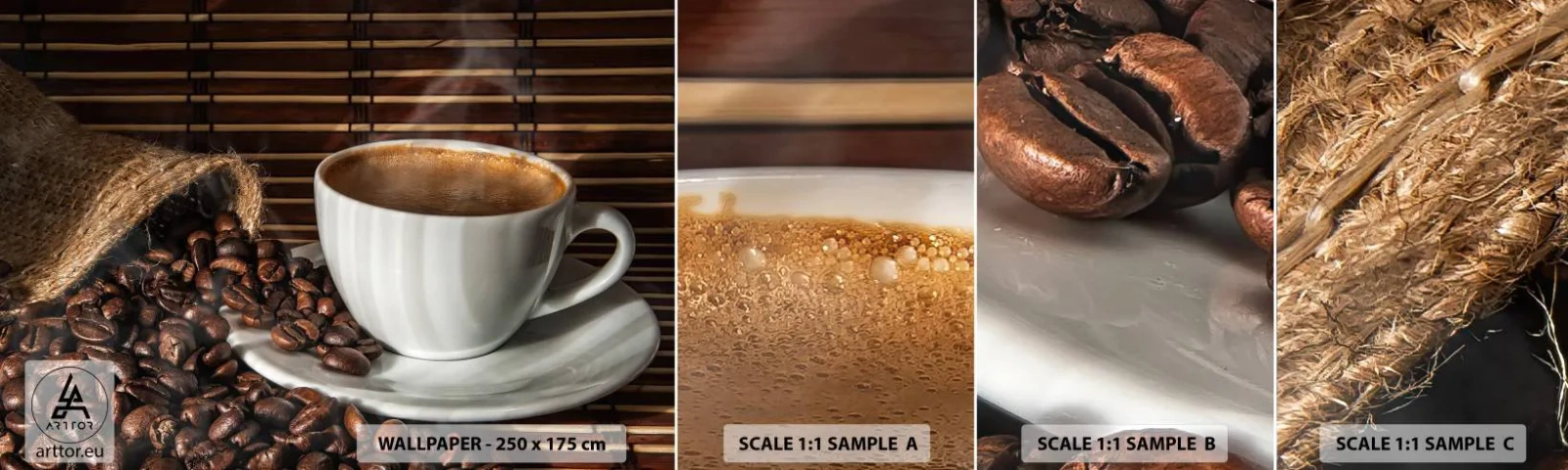 Échantillon de Papier Peint Autocollant Deluxe Sticker - La noirceur du charbon, la clarté de l'ambre - La gastronomie, Café, tasse de café - 100x30 cm