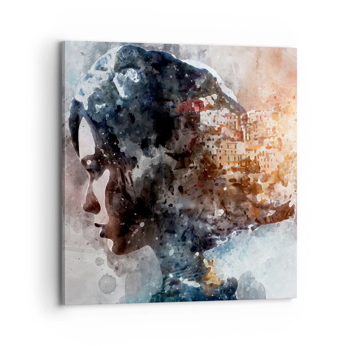 Impression sur toile - Image sur toile - L'histoire d'une fille avec une ville en arrière-plan - 70x70 cm