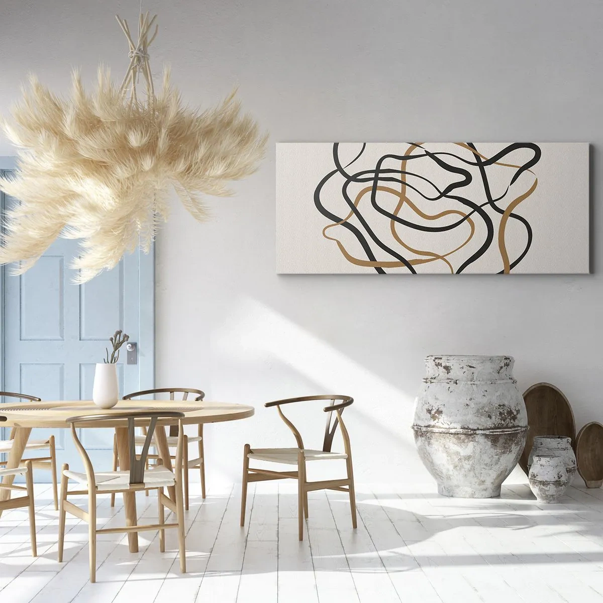 Impression sur toile - Image sur toile - Lignes emmêlées en noir et or sur fond clair - 140x50cm - Tout s'est mal déroulé - Décoration murale moderne pour le salon et la chambre ARTTOR