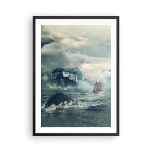 Affiche dans un cadre noir - Poster - Un navire sur une mer agitée près d'un château dans le brouillard - 50x70cm - Dans l'eau magique - Décoration murale moderne pour le salon et la chambre ARTTOR