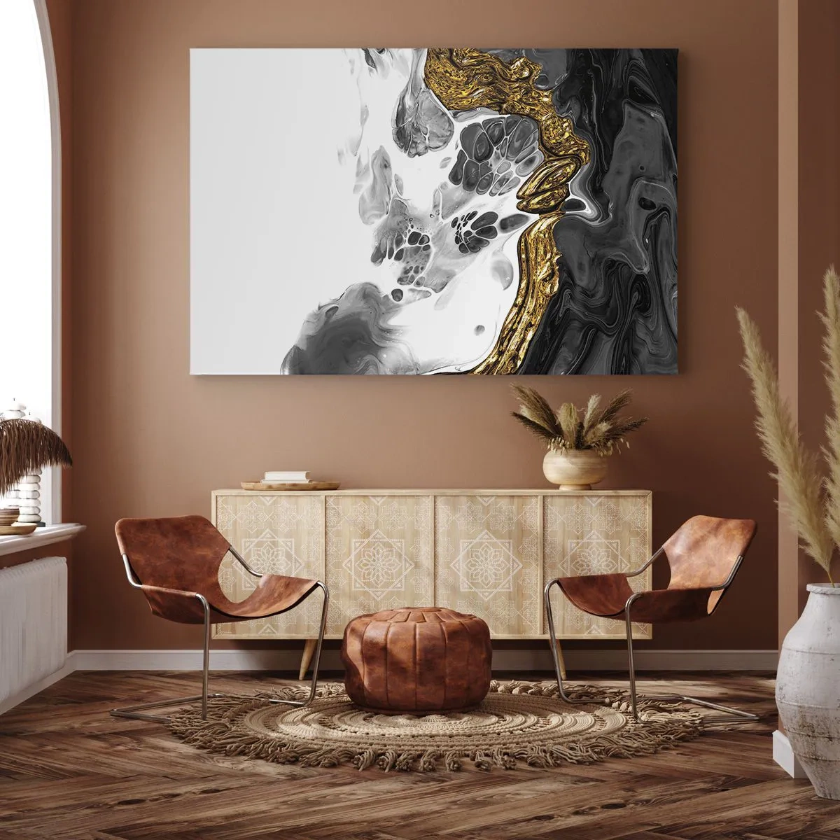 Impression sur toile - Image sur toile - Une composition abstraite avec des accents d'or et de noir. - 120x80cm - Composition organique - Décoration murale moderne pour le salon et la chambre ARTTOR