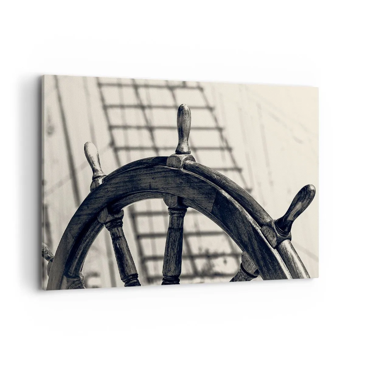 Impression sur toile - Image sur toile - Un gouvernail de style rétro avec un navire en arrière-plan - 100x70cm - Histoires de mer - Décoration murale moderne pour le salon et la chambre ARTTOR