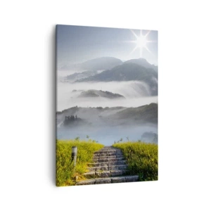 Impression sur toile - Image sur toile - Escaliers en pierre menant à travers les montagnes enveloppées de brume matinale - 50x70cm - Toujours plus haut vers les nuages - Décoration murale moderne pour le salon et la chambre ARTTOR