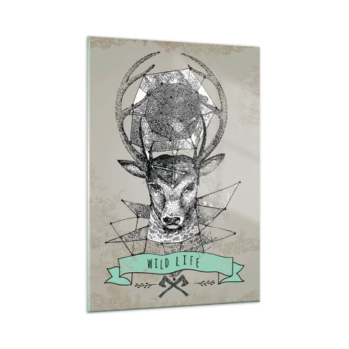 Impression sur verre - Image sur verre - Dessin géométrique d'un cerf avec l'inscription Wild Life - 50x70cm - Voir St. Hubertus - Décoration murale moderne pour le salon et la chambre ARTTOR