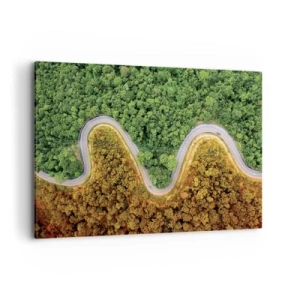 Impression sur toile - Image sur toile - Une route sinueuse à travers la forêt vue à vol d'oiseau - 100x70cm - Frontieres et differences - Décoration murale moderne pour le salon et la chambre ARTTOR
