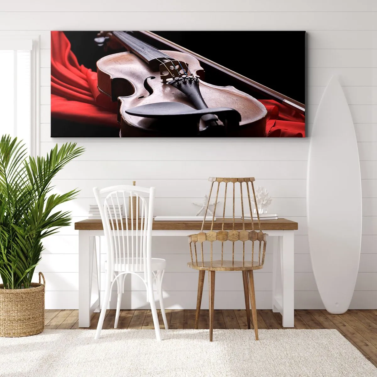 Impression sur toile - Image sur toile - Violon sur tissu rouge avec fond noir - 140x50cm - Musique des sentiments - Décoration murale moderne pour le salon et la chambre ARTTOR
