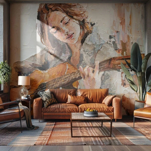 Papier Peint Photo Standard Eco - Une fille jouant de la guitare dans un style impressionniste pictural. - 100x70cm - Concerto pour guitare et coeur de fille - Décoration murale moderne pour le salon et la chambre ARTTOR