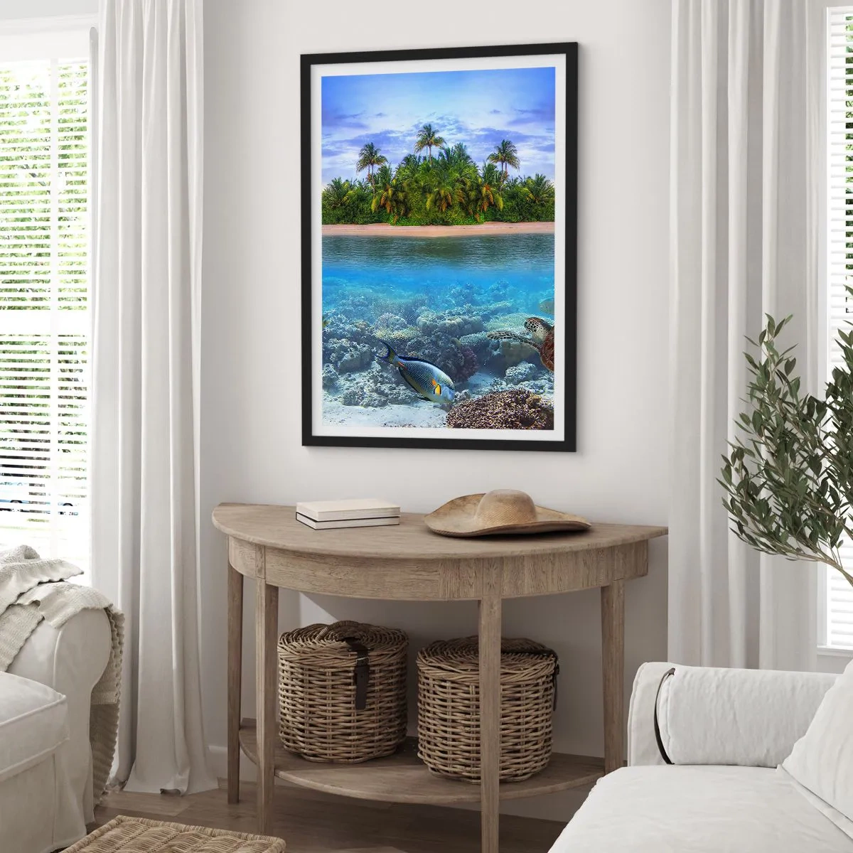Affiche dans un cadre noir - Poster - Une île tropicale avec un récif corallien et des poissons exotiques. - 50x70cm - L'île céleste vous invite - Décoration murale moderne pour le salon et la chambre ARTTOR