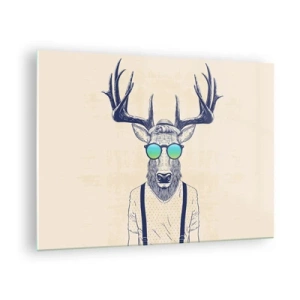 Impression sur verre - Image sur verre - Un cerf élégant portant des lunettes de soleil sur un fond clair - 70x50cm - A qui vous attendiez-vous ? - Décoration murale moderne pour le salon et la chambre ARTTOR