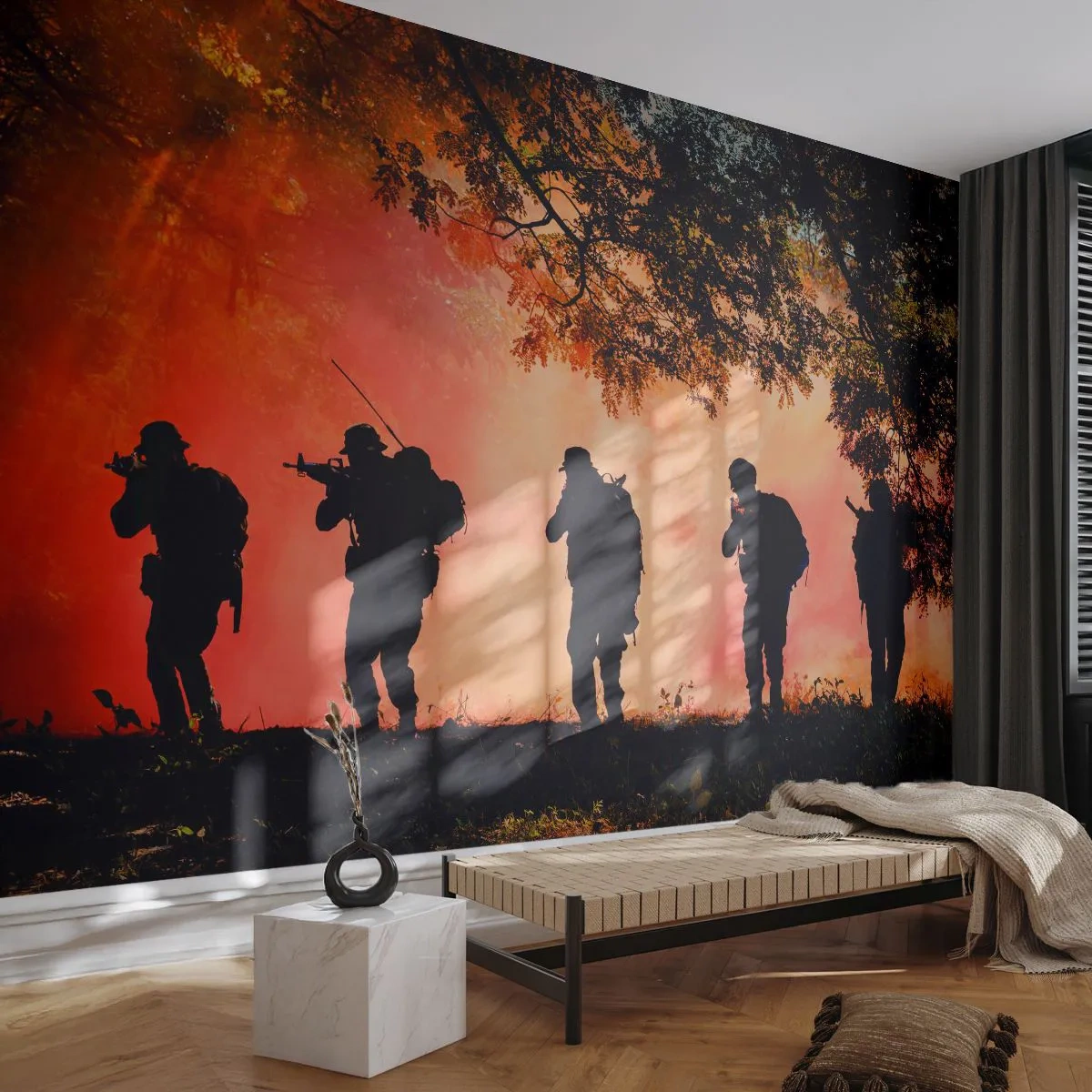 Papier Peint Photo Premium Sand - Des soldats marchent dans la forêt sous la lumière rouge et la fumée. - 100x70cm - … Tous pour un. - Décoration murale moderne pour le salon et la chambre ARTTOR
