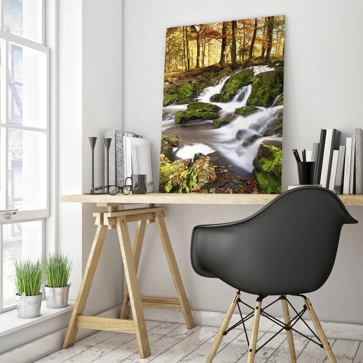 Impression sur verre - Image sur verre - Un paysage boisé avec une cascade entourée de mousse - 70x100cm - Rapidement à travers la forêt d'automne - Décoration murale moderne pour le salon et la chambre ARTTOR