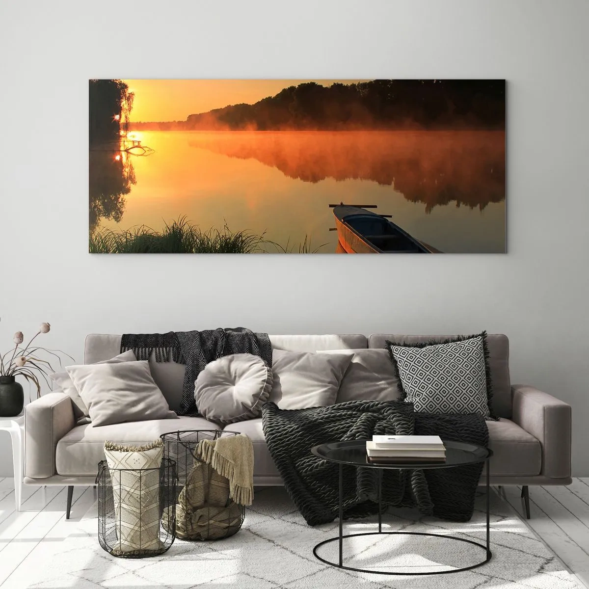 Impression sur verre - Image sur verre - Brouillard matinal sur la rivière avec un bateau sous les rayons du soleil - 140x50cm - Lever du soleil sur l'eau comme un miroir - Décoration murale moderne pour le salon et la chambre ARTTOR