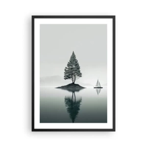 Affiche dans un cadre noir - Poster - Un arbre solitaire sur une île avec un reflet dans l'eau - 50x70cm - Un rêve somnolent - Décoration murale moderne pour le salon et la chambre ARTTOR