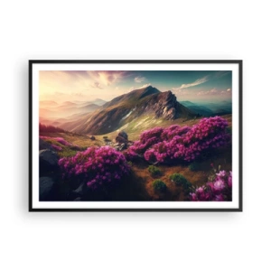 Affiche dans un cadre noir - Poster - Paysage de montagne avec des rhododendrons en fleurs - 100x70cm - L'été à la montagne - Décoration murale moderne pour le salon et la chambre ARTTOR