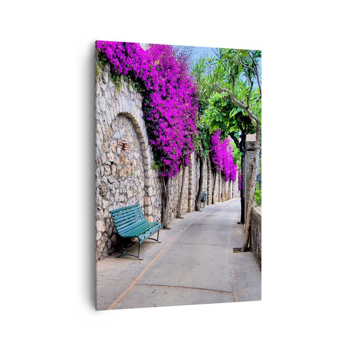Impression sur toile - Image sur toile - Un chemin de pierre avec un banc et des fleurs violettes en fleurs - 70x100cm - Rencontrons-nous au plus vite - Décoration murale moderne pour le salon et la chambre ARTTOR