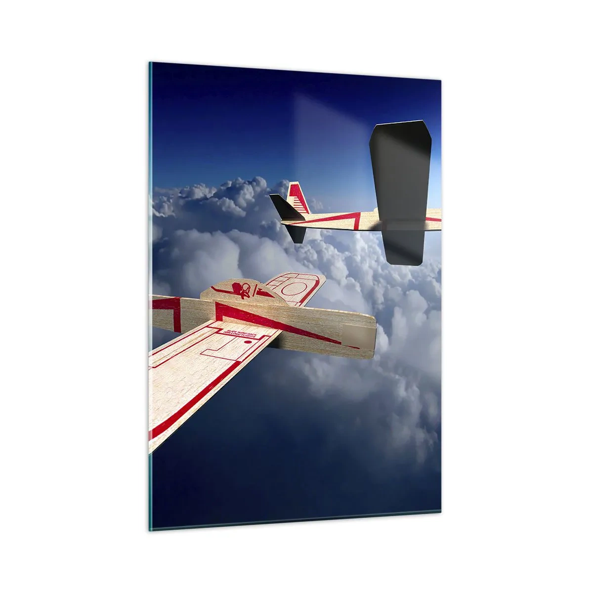 Impression sur verre - Image sur verre - Modèles réduits d'avions glissant dans les nuages - 50x70cm - Encore plus haut, encore plus loin - Décoration murale moderne pour le salon et la chambre ARTTOR