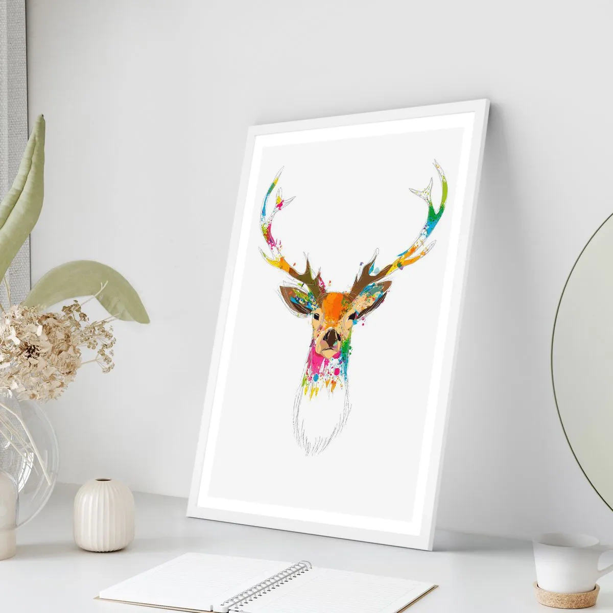 Affiche dans un cadre blanc - Poster - Un cerf doux baigné de couleur - 50x70 cm