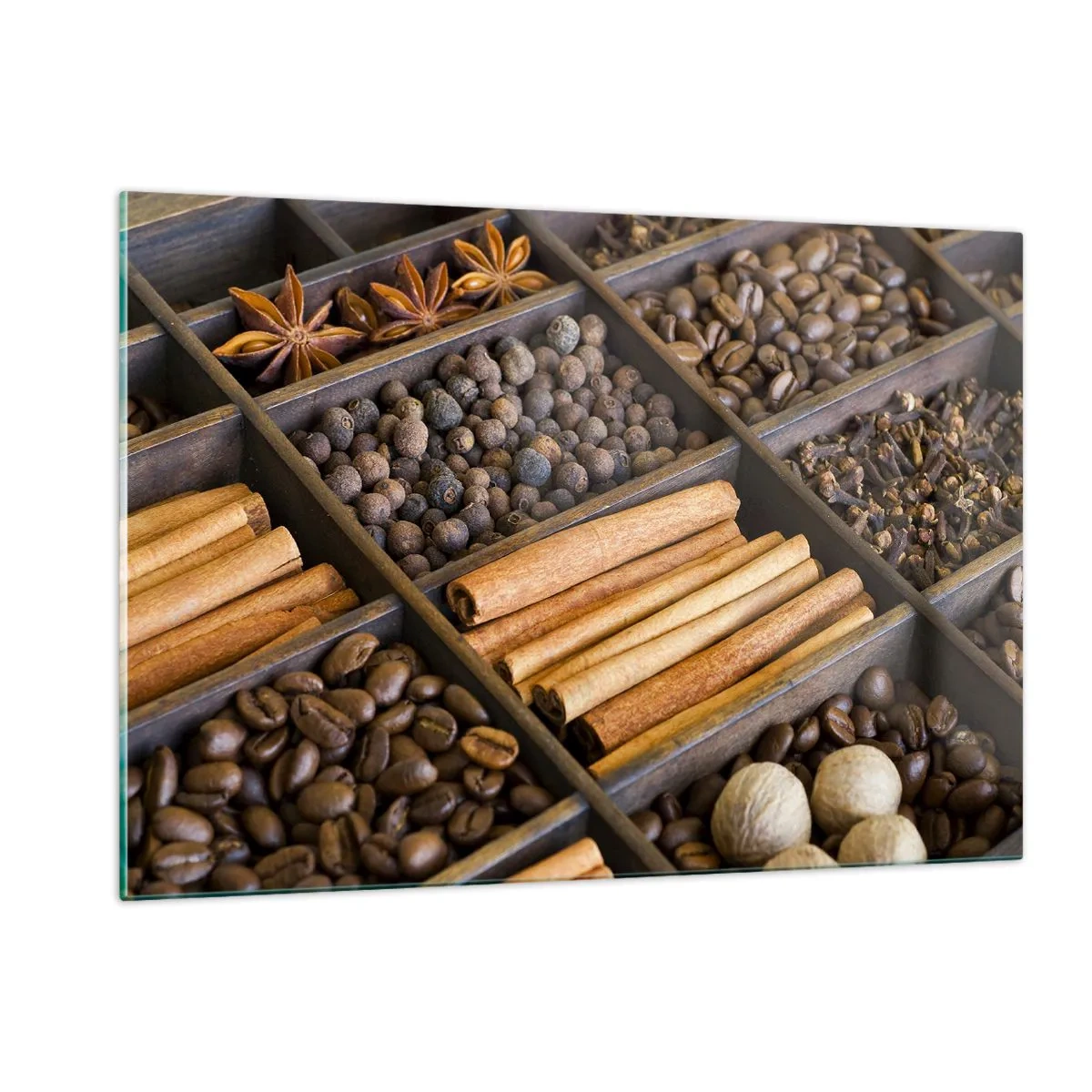 Impression sur verre - Image sur verre - Épices dans des compartiments en bois - 120x80cm - Trésor d'arômes - Décoration murale moderne pour le salon et la chambre ARTTOR
