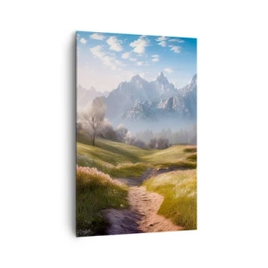 Impression sur toile - Image sur toile - Une vallée de montagne avec des prairies, des cabanes et une vue sur les sommets - 80x120cm - Vallée idyllique - Décoration murale moderne pour le salon et la chambre ARTTOR