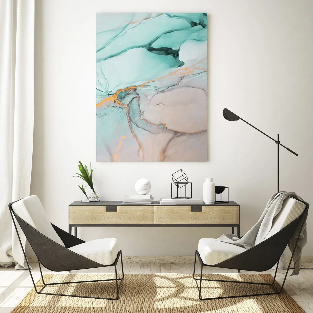 Impression sur verre - Image sur verre - Une composition abstraite dans des tons turquoise et or. - 80x120cm - Danse des formes et des couleurs - Décoration murale moderne pour le salon et la chambre ARTTOR