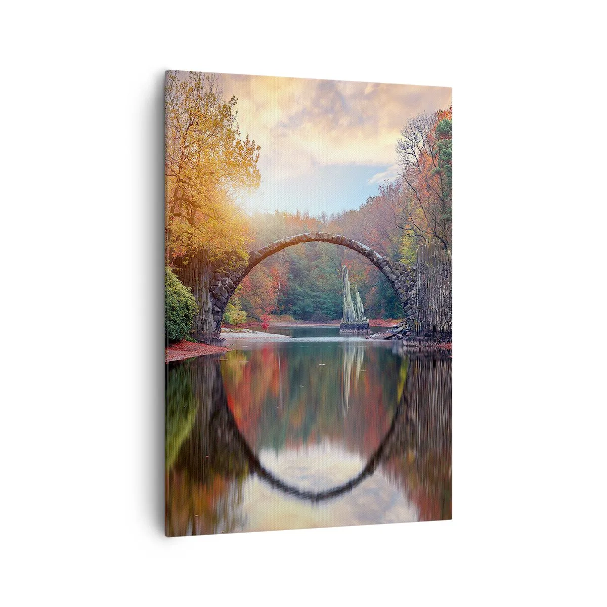 Impression sur toile - Image sur toile - Un pont de pierre dans un paysage d'automne sur une eau calme - 70x100cm - De l'autre cote du miroir - Décoration murale moderne pour le salon et la chambre ARTTOR