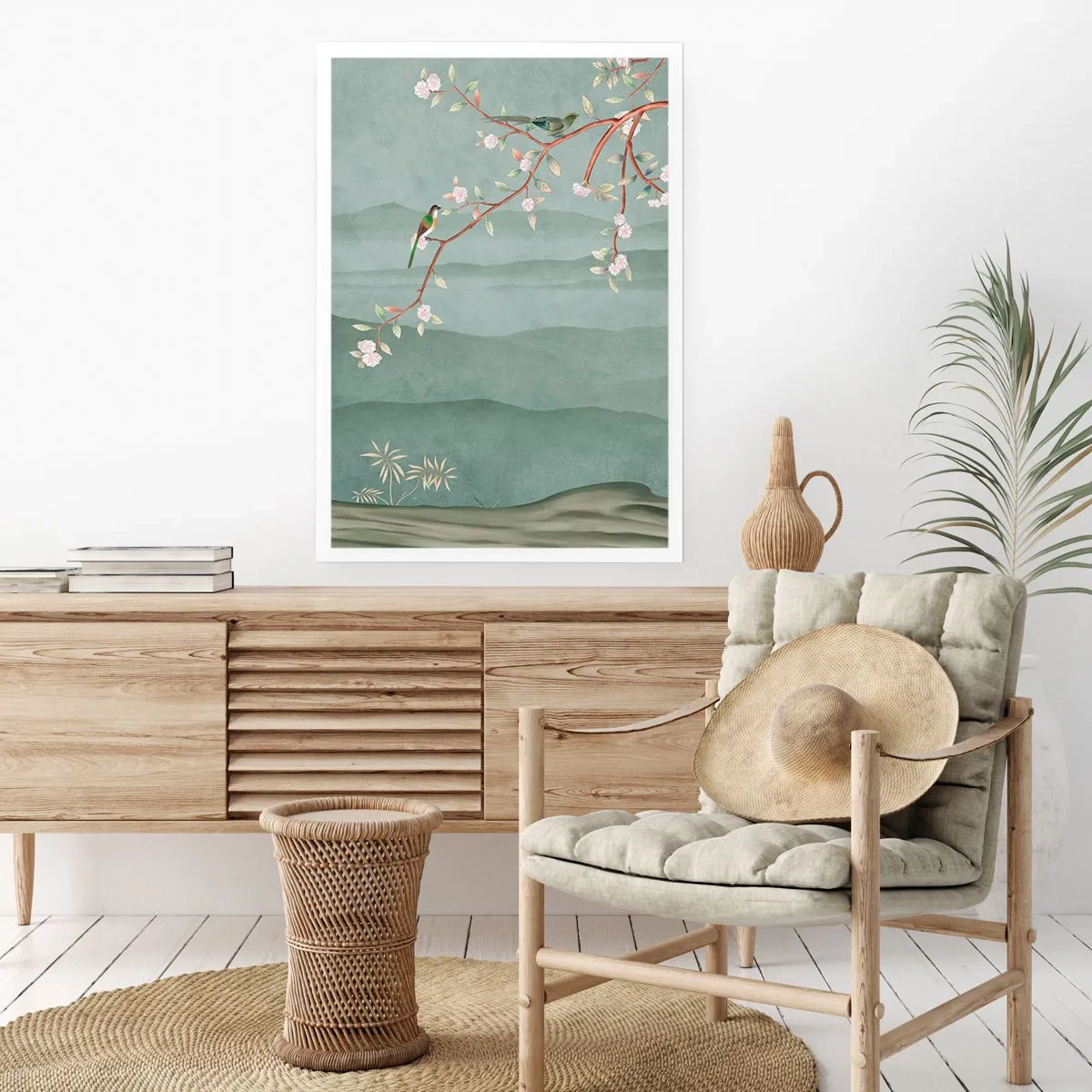 Affiche - Poster - Oiseaux sur une branche fleurie surplombant les collines - 50x70cm - Printemps oh c'est toi - Décoration murale moderne pour le salon et la chambre ARTTOR