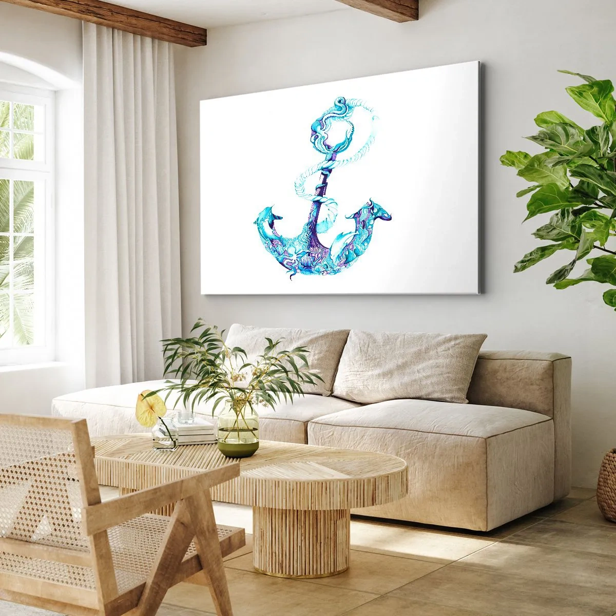 Impression sur toile - Image sur toile - Ancre abstraite dans des tons de bleu avec des détails nautiques - 70x50cm - Le confident des secrets de la mer - Décoration murale moderne pour le salon et la chambre ARTTOR