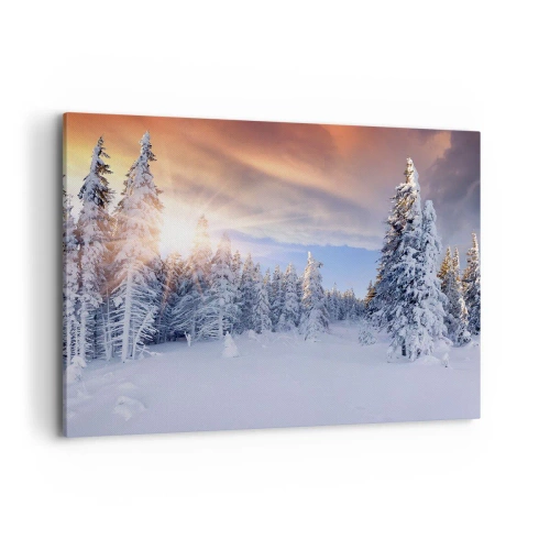 Impression sur toile - Image sur toile - Paysage d'hiver avec une forêt enneigée au coucher du soleil - 120x80cm - Un spectacle enneigé de la nature - Décoration murale moderne pour le salon et la chambre ARTTOR