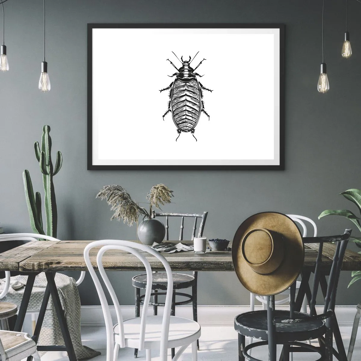 Affiche dans un cadre noir - Poster - Graphique d'un insecte noir et blanc sur fond blanc - 70x50cm - Quel spécimen! - Décoration murale moderne pour le salon et la chambre ARTTOR