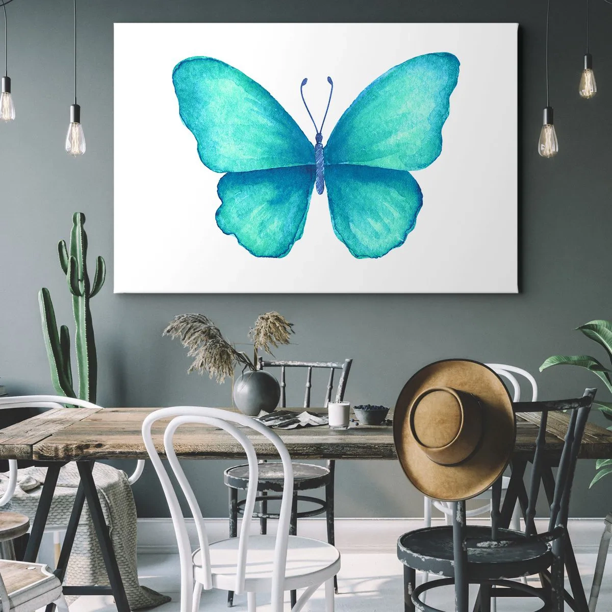 Impression sur toile - Image sur toile - Papillon bleu en style aquarelle sur fond blanc - 70x50cm - Nature turquoise - Décoration murale moderne pour le salon et la chambre ARTTOR