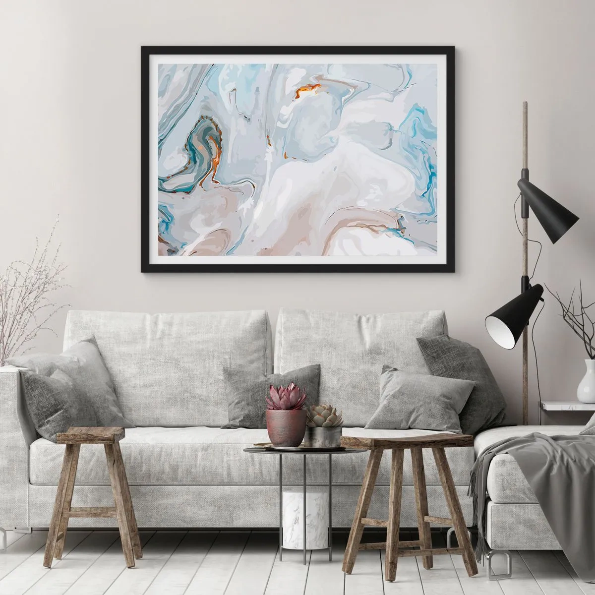 Affiche dans un cadre noir - Poster - Vagues abstraites dans des tons de bleu et de blanc - 100x70cm - Blanc surélevé - Décoration murale moderne pour le salon et la chambre ARTTOR