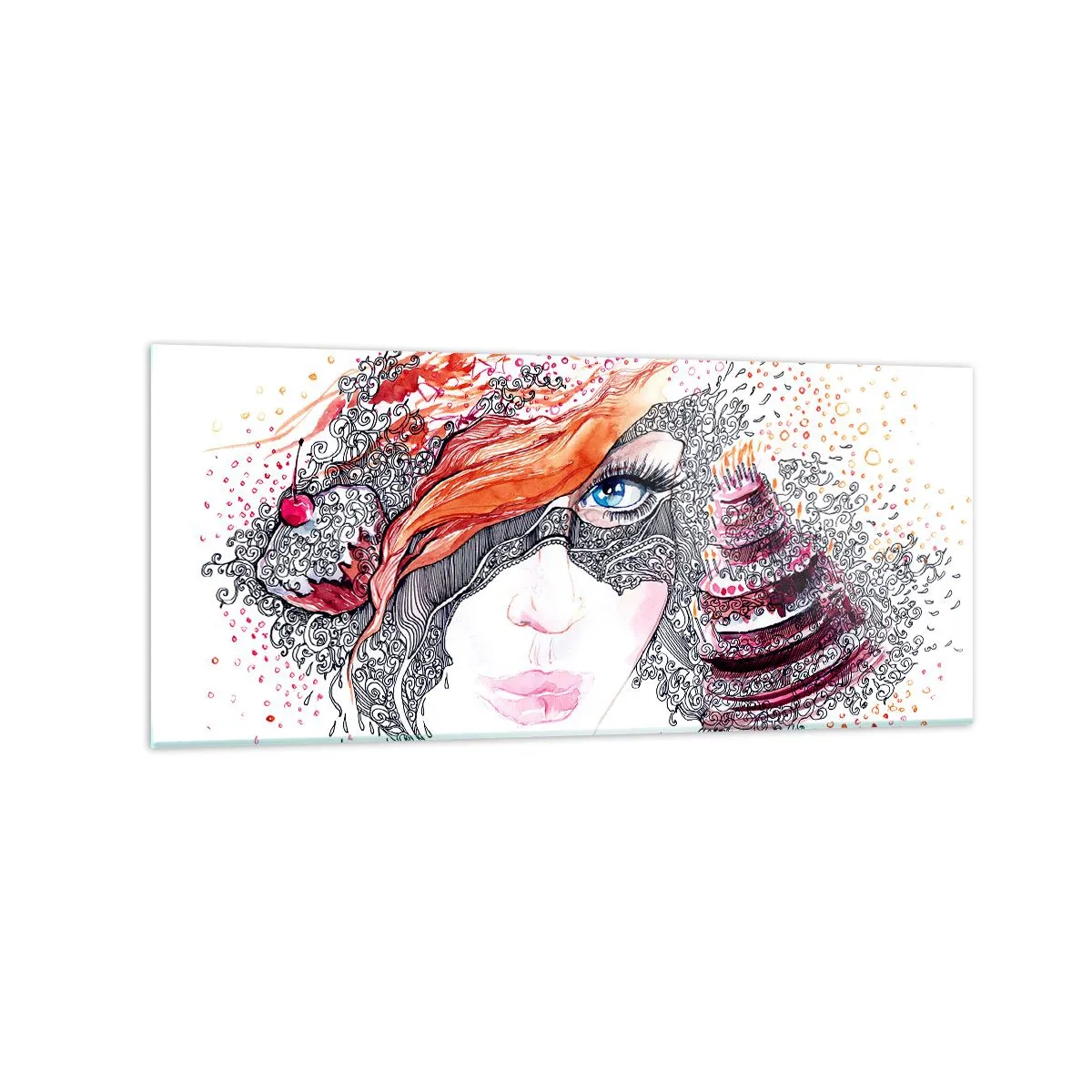 Impression sur verre - Image sur verre - Portrait artistique d'une femme avec des détails et un accent rouge - 120x50cm - Avec elle, c'est tous les jours la fête - Décoration murale moderne pour le salon et la chambre ARTTOR