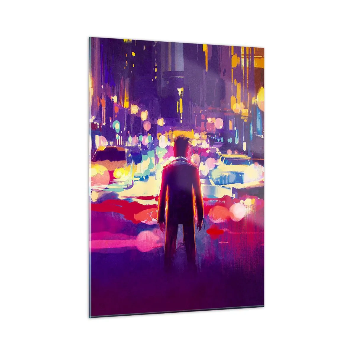 Impression sur verre - Image sur verre - Une silhouette dans une veilleuse urbaine colorée et futuriste - 50x70cm - Immergé dans la lumière - Décoration murale moderne pour le salon et la chambre ARTTOR