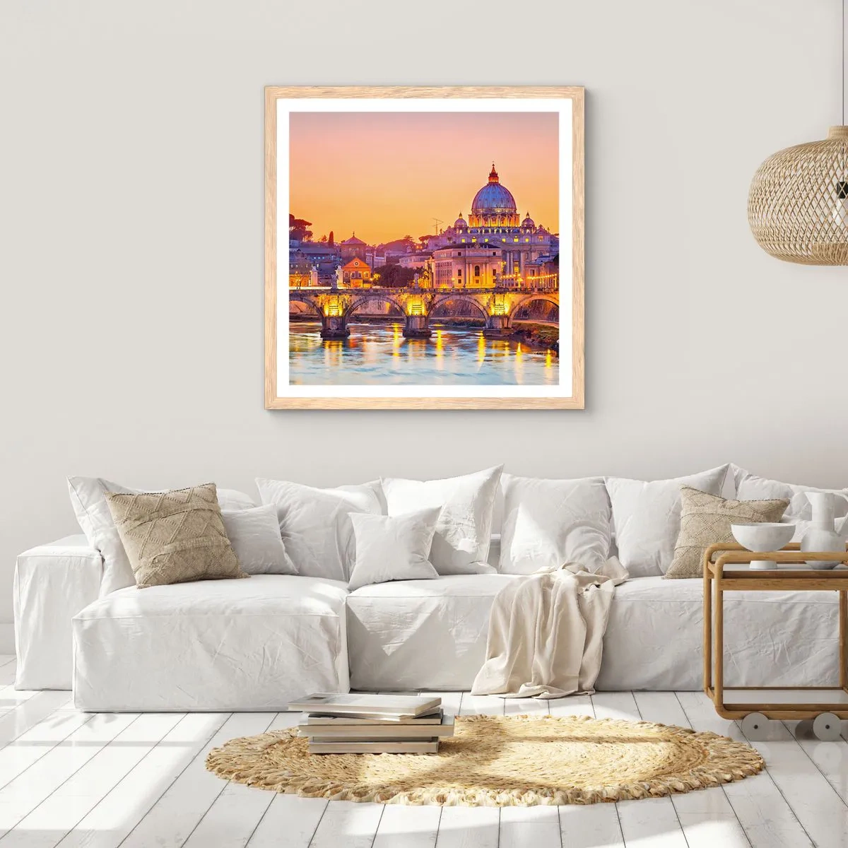 Affiche dans un chêne clair - Poster - Coucher de soleil sur la ville éternelle - 40x40 cm
