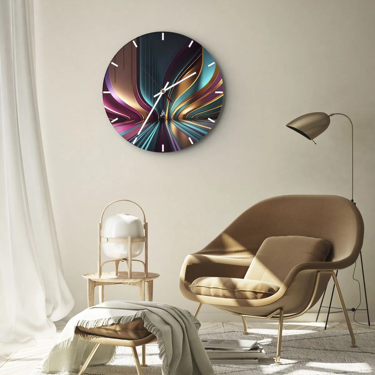 Horloge murale - Pendule murale - Lignes lumineuses futuristes en or, turquoise et violet - 30x30cm - Architektura światła - Décoration murale moderne pour le salon, la cuisine et la chambre ARTTOR