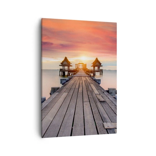 Impression sur toile - Image sur toile - Jetée en bois menant aux belvédères au coucher du soleil - 50x70cm - L'Ouest à l'Est - Décoration murale moderne pour le salon et la chambre ARTTOR