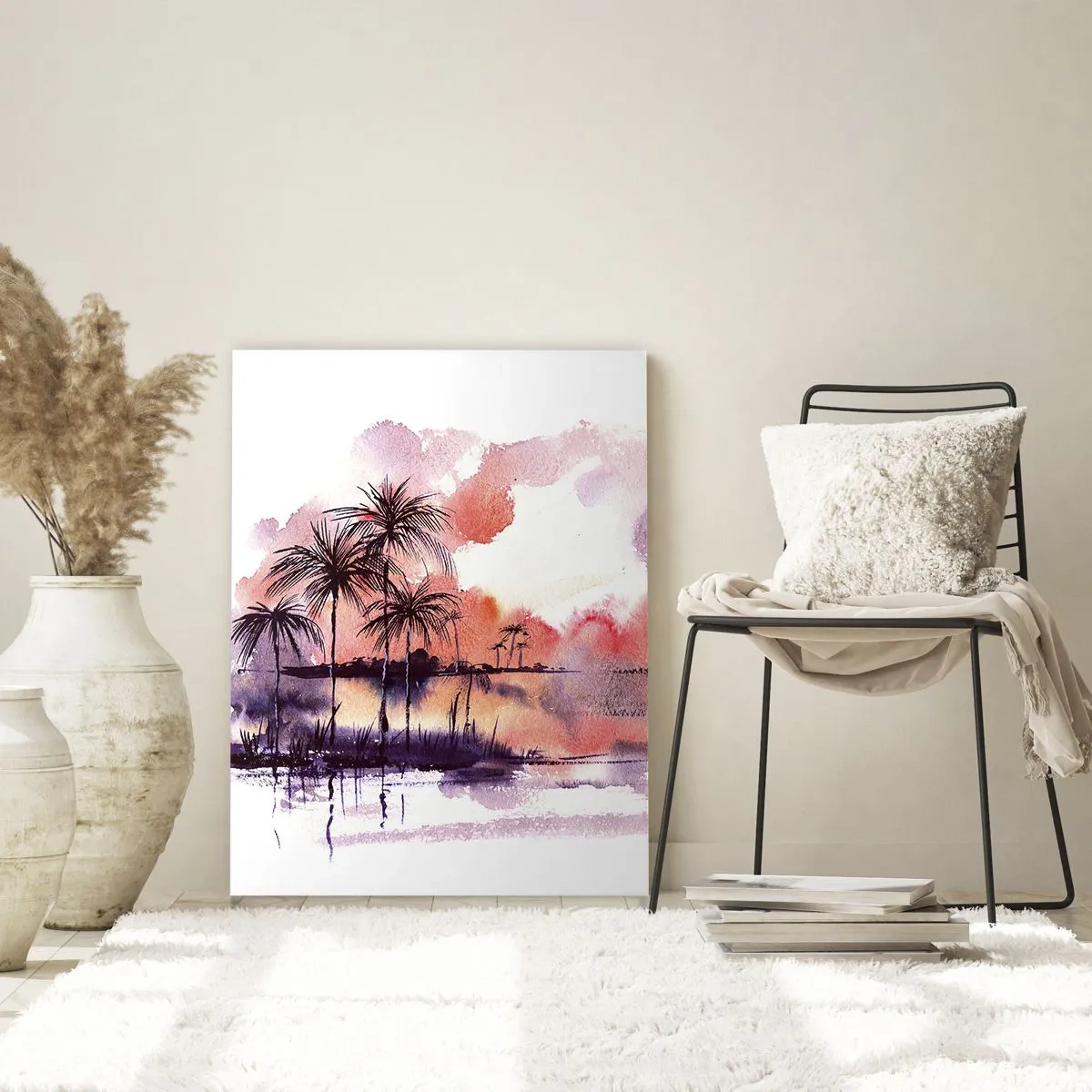 Impression sur verre - Image sur verre - Paysage tropical au coucher du soleil à l'aquarelle - 50x70cm - La tranquillité des tropiques en rouge - Décoration murale moderne pour le salon et la chambre ARTTOR