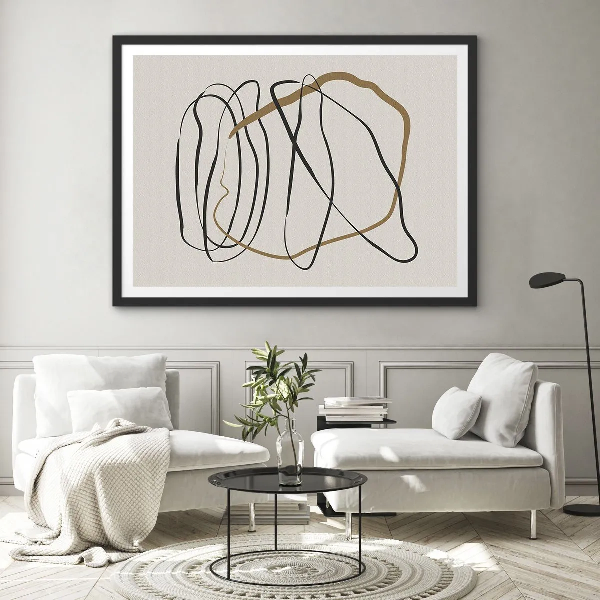 Affiche dans un cadre noir - Poster - Lignes artistiques en noir et or sur fond clair - 100x70cm - Composition – danse en boucle - Décoration murale moderne pour le salon et la chambre ARTTOR