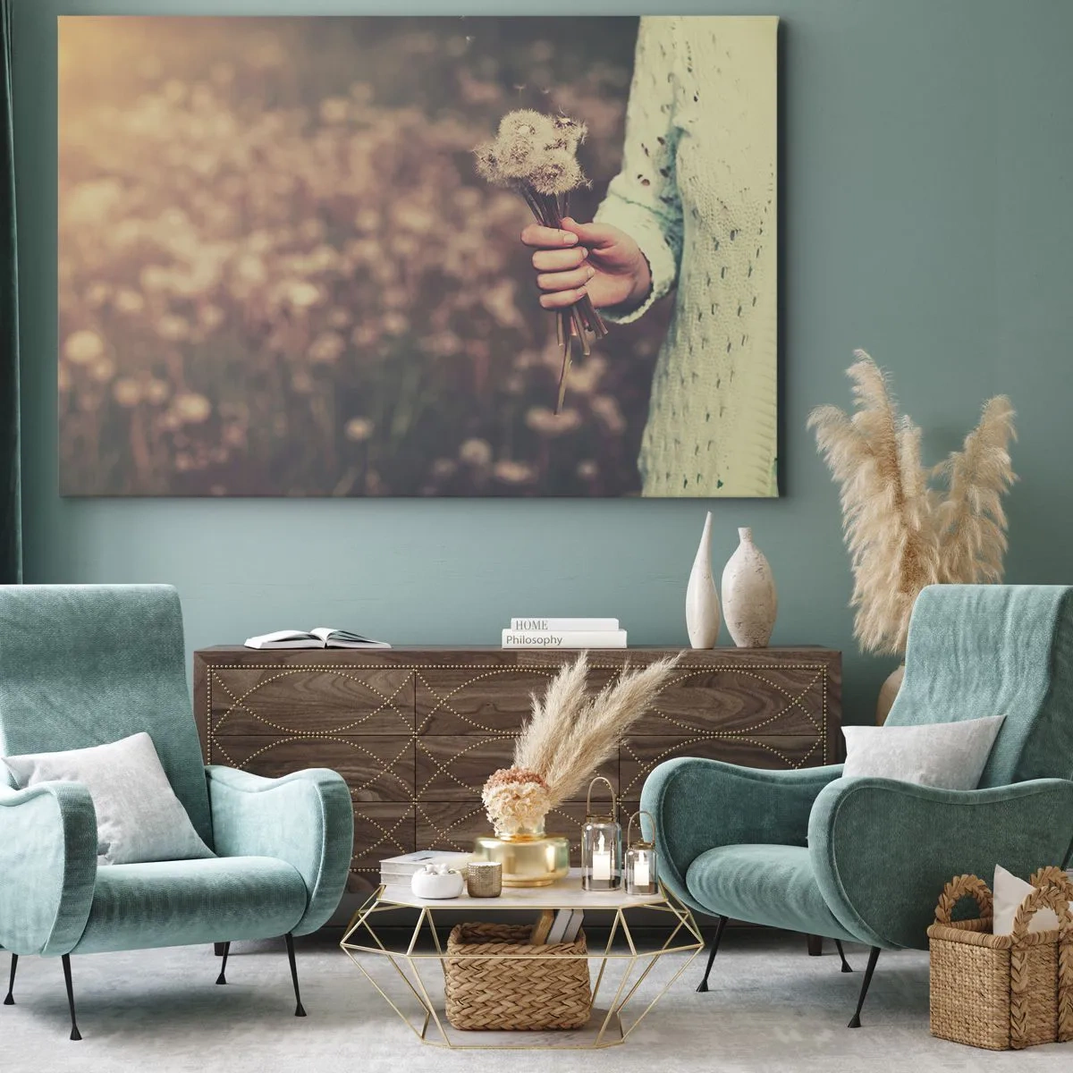 Impression sur toile - Image sur toile - Une main tenant des pissenlits sur un fond flou d'un champ plein de fleurs. - 70x50cm - Merci de les garder - Décoration murale moderne pour le salon et la chambre ARTTOR