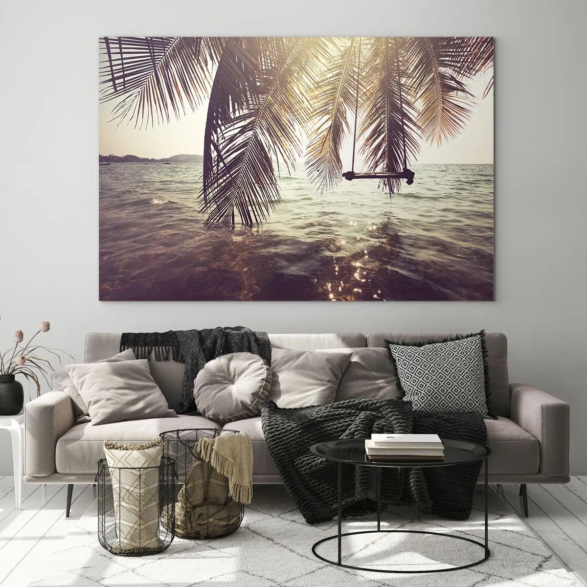 Impression sur verre - Image sur verre - Une plage avec des palmiers et une balançoire sur une mer calme - 70x50cm - Vous pouvez vous balancer dans les nuages